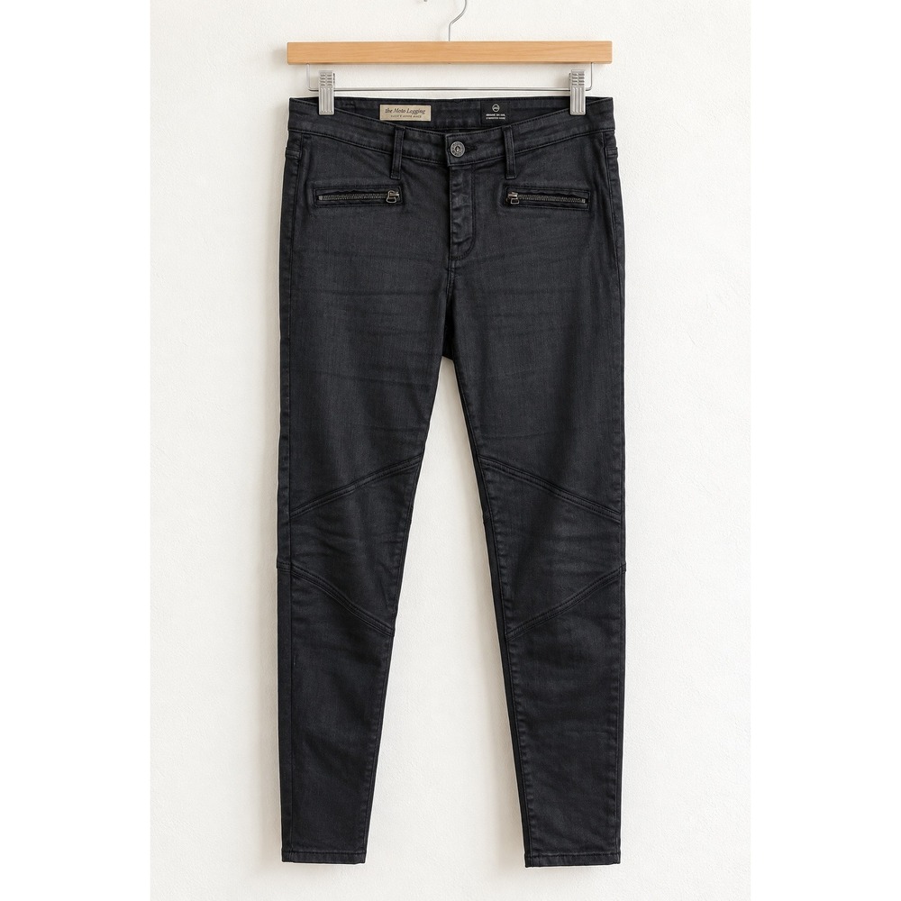 AG Adriano Goldschmied The Moto Legging 32 Black Coated Skinny Jeans Zippered